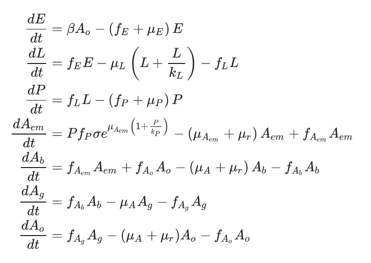 A system of partial differential equations that model mosquito population growth based on environmental conditions. Source: [@erraguntla2021]